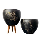 Bitki Tasarımı Siyah Üzeri Gold Mermer Efektli Toprak Saksı Saksılık Salon Çiçeklik İkili Set Ayaksız - 3 Ayaklı- 15 Cm - 1
