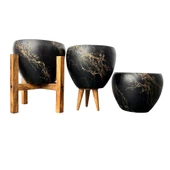 Bitki Tasarımı Siyah Üzeri Gold Mermer Efektli Toprak Saksı Saksılık Salon Çiçeklik Üçlü Set - 15 Cm thumbnail 1
