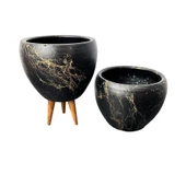 Bitki Tasarımı Siyah Üzeri Gold Mermer Efektli Toprak Saksı Saksılık Salon Çiçeklik İkili Set Ayaksız - 3 Ayaklı- 15 Cm - 5