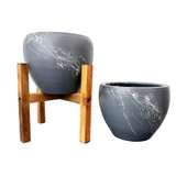 Bitki Tasarımı Gri Üzeri Beyaz Mermer Efektli Toprak Saksı Saksılık Salon Çiçeklik İkili Set Ayaksız - 4 Ayaklı- 15 Cm thumbnail 4