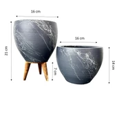 Bitki Tasarımı Gri Üzeri Beyaz Mermer Efektli Toprak Saksı Saksılık Salon Çiçeklik İkili Set Ayaksız - 3 Ayaklı- 15 Cm thumbnail 2