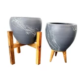 Bitki Tasarımı Gri Üzeri Beyaz Mermer Efektli Toprak Saksı Saksılık Salon Çiçeklik İkili Set 3 Ayaklı- 4 Ayaklı- 15 Cm thumbnail 3