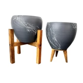 Bitki Tasarımı Gri Üzeri Beyaz Mermer Efektli Toprak Saksı Saksılık Salon Çiçeklik İkili Set 3 Ayaklı- 4 Ayaklı- 15 Cm thumbnail 1