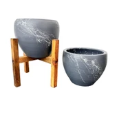 Bitki Tasarımı Gri Üzeri Beyaz Mermer Efektli Toprak Saksı Saksılık Salon Çiçeklik İkili Set Ayaksız - 4 Ayaklı- 15 Cm thumbnail 5