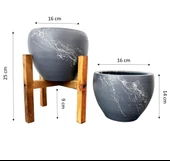 Bitki Tasarımı Gri Üzeri Beyaz Mermer Efektli Toprak Saksı Saksılık Salon Çiçeklik İkili Set Ayaksız - 4 Ayaklı- 15 Cm thumbnail 2