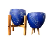 Bitki Tasarımı Lacivert Üzeri Beyaz Mermer Efektli Toprak Saksı Saksılık Salon Çiçeklik İkili Set 3 Ayaklı- 4 Ayaklı- 15 Cm thumbnail 1