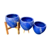 Bitki Tasarımı  Lacivert Üzeri Beyaz Mermer Efektli Toprak Saksı Saksılık Salon Çiçeklik Üçlü Set - 15 Cm thumbnail 3