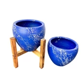 Bitki Tasarımı Lacivert Üzeri Beyaz Mermer Efektli Toprak Saksı Saksılık Salon Çiçeklik İkili Set Ayaksız - 4 Ayaklı- 15 Cm thumbnail 2