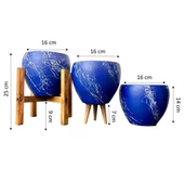 Bitki Tasarımı  Lacivert Üzeri Beyaz Mermer Efektli Toprak Saksı Saksılık Salon Çiçeklik Üçlü Set - 15 Cm thumbnail 2