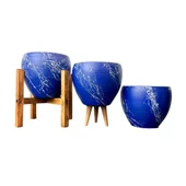 Bitki Tasarımı  Lacivert Üzeri Beyaz Mermer Efektli Toprak Saksı Saksılık Salon Çiçeklik Üçlü Set - 15 Cm thumbnail 1