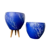 Bitki Tasarımı Lacivert Üzeri Beyaz Mermer Efektli Toprak Saksı Saksılık Salon Çiçeklik İkili Set Ayaksız - 3 Ayaklı- 15 Cm thumbnail 1