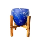 Bitki Tasarımı Lacivert Üzeri Beyaz Mermer Efektli Toprak Saksı Saksılık Salon Çiçeklik 4 Ayaklı - 15 Cm thumbnail 1