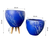 Bitki Tasarımı Lacivert Üzeri Beyaz Mermer Efektli Toprak Saksı Saksılık Salon Çiçeklik İkili Set Ayaksız - 3 Ayaklı- 15 Cm thumbnail 2