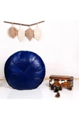Dolgulu! Özel Seri Iskandinav El Yapımı Hakiki Deri Orijinal Bohem Ottoman Mavi Puf Yer Minderi 60cm - 4