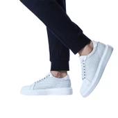 Erkek Hakiki Deri Hasır Desenli Sneaker Beyaz Spor Ayakkabı - 3