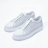 Erkek Hakiki Deri Hasır Desenli Sneaker Beyaz Spor Ayakkabı - 2