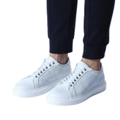 Erkek Hakiki Deri Hasır Desenli Sneaker Beyaz Spor Ayakkabı - 4