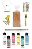 Kırmızı Çömlek Çamuru 10 Kg Artdeco 6x140 Ml Akrilik Boya Kesme Teli 5'li Ebeşuar Fırça Ponpon Set - 1