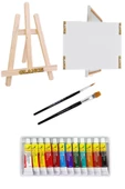 Glance Şövale Mini+tuval 25x35+ Academy Akrilik Boya Seti 12x12 ml+fırça Set - 1