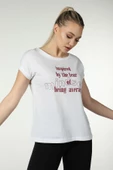 Kadın Baskılı Kısa Kollu Arka Dikişli Bisiklet Yaka Tişört Somon  L BEYAZ - 4