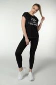 Kadın Baskılı Kısa Kollu Arka Dikişli Bisiklet Yaka Tişört Somon  2XL SİYAH - 5