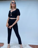Siyah Kalem Pantolon Toka Detaylı Crop ikili Takım - 1