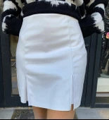 YÜKSEK BEL DERİ MİNİ ETEK - BEYAZ RENK - 2