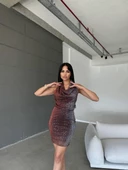 DEGAJE YAKA SIRT DEKOLTELİ MİNİ ABİYE ELBİSE - BORDO RENK thumbnail 1