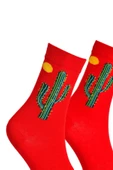 Unisex Kaktüs Desenli Çorap Kırmızı - LksÇrp06 - 2