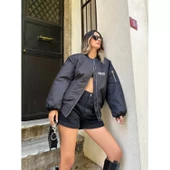 Lucky Life Kadın Unisex Uzun Kol Baskılı Bomber Ceket - Siyah - 1