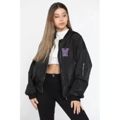 Lucky Life Kadın Unisex Uzun Kol Baskılı Bomber Ceket - Siyah - 1