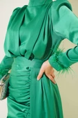 Piliseli Tüylü Manşet Elbise Yeşil thumbnail 4