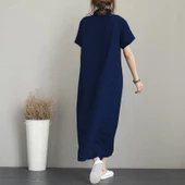 Keten Günlük Kısa Kol Tam Boy Yazlık Salaş Kadın Elbise - 2