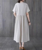 Keten Günlük Rahat V Yaka Beli Büzgü Detaylı Düğmeli Elbise thumbnail 2
