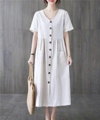 Keten Günlük Rahat V Yaka Beli Büzgü Detaylı Düğmeli Elbise thumbnail 1