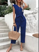 Keten Kadın V Yaka Lacivert Tek Sıra Düğmeli Kolsuz Tulum thumbnail 1