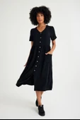 Keten Günlük Rahat V Yaka Beli Büzgü Detaylı Düğmeli Elbise thumbnail 1