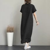 Keten Günlük Kısa Kol Tam Boy Yazlık Salaş Kadın Elbise - 2