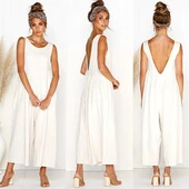 Keten Yazlık Günlük Sırt Dekolteli Salaş Kadın Tulum - 2