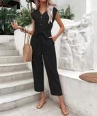 Keten Kadın V Yaka Tek Sıra Düğmeli Kolsuz Tulum thumbnail 4