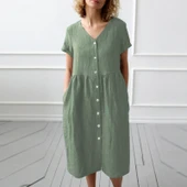 Keten Günlük Yazlık V yaka Kısa Kol Düğme Detaylı Kadın Elbise - 1
