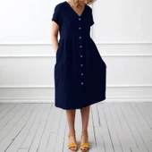 Keten Günlük Yazlık V yaka Kısa Kol Düğme Detaylı Kadın Elbise - 2