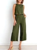 Keten Yazlık Yüksel Bel Capri Pantolon Sırt Detaylı Kolsuz İkili Takım thumbnail 5