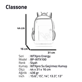 Classone BP-WTX100 Wtxpro Su Geçirmez Kumaş 15.6" Laptop Notebook Sırt Çantası + Kablosuz Mouse thumbnail 11
