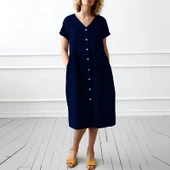 Keten Günlük Yazlık V yaka Kısa Kol Düğme Detaylı Kadın Elbise - 2