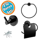 Metal Sağlam Aparat Vidalı Lavabo Banyo Wc Bez Havlu Çatal Askı Siyah Tuvalet Kağıtlık 3'lü Set - 1