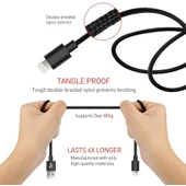 QASUL iPhone Örgülü Hızlı Şarj Kablosu Usb To Lightning 6 6s 7 8 X Xs Xr 11 12 13 14 Pro Max Plus Uyumlu Siyah - 5