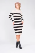 Kadın Kemerli Çizgili Triko Elbise Bej - 3