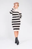 Kadın Kemerli Çizgili Triko Elbise Bej - 4