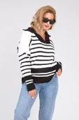Kadın Dik Yaka Yarım Fermuarlı Çizgili Triko Kazak Siyah - 2